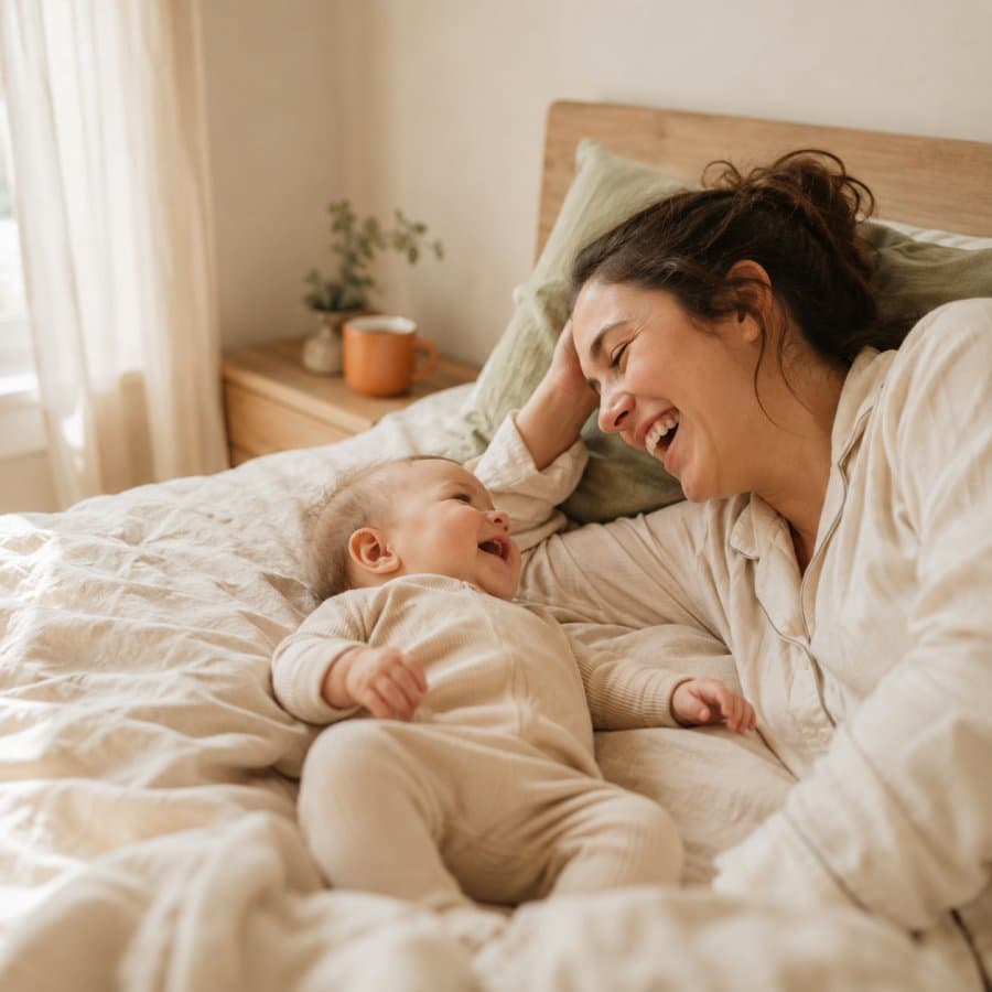 Mama lacht mit ihrem Baby auf dem Bett